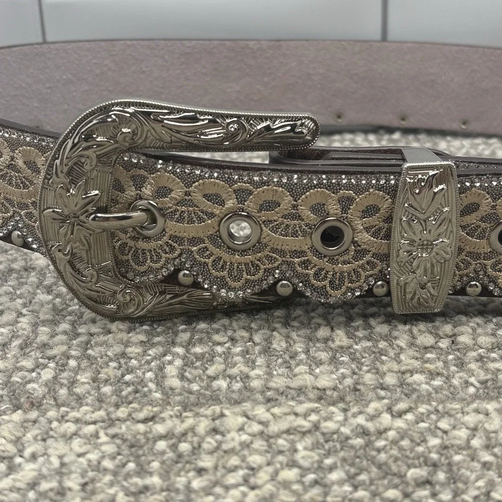 Angel Ranch Western Belt Womens S Leather White Lace Brown  32-35
